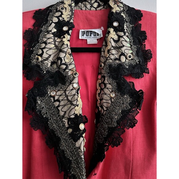 Vintage 80s/90s POPOF Linen Jacket Blazer Red, Black Lace, Padded, Gold Trim 5/6 - Picture 5 of 8